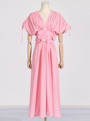 Woochic robe longue col en V fleurie à lacets plissé couture rose S